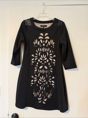 City Studio Black Laser-Cut Fit & Flare Dress with Faux Leather Shoulders